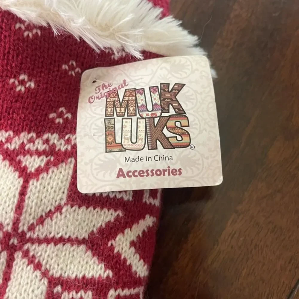 Muk Luks Women Red Cream Knit Snowflake Design Faux Fur Trim Winter Gloves NEW